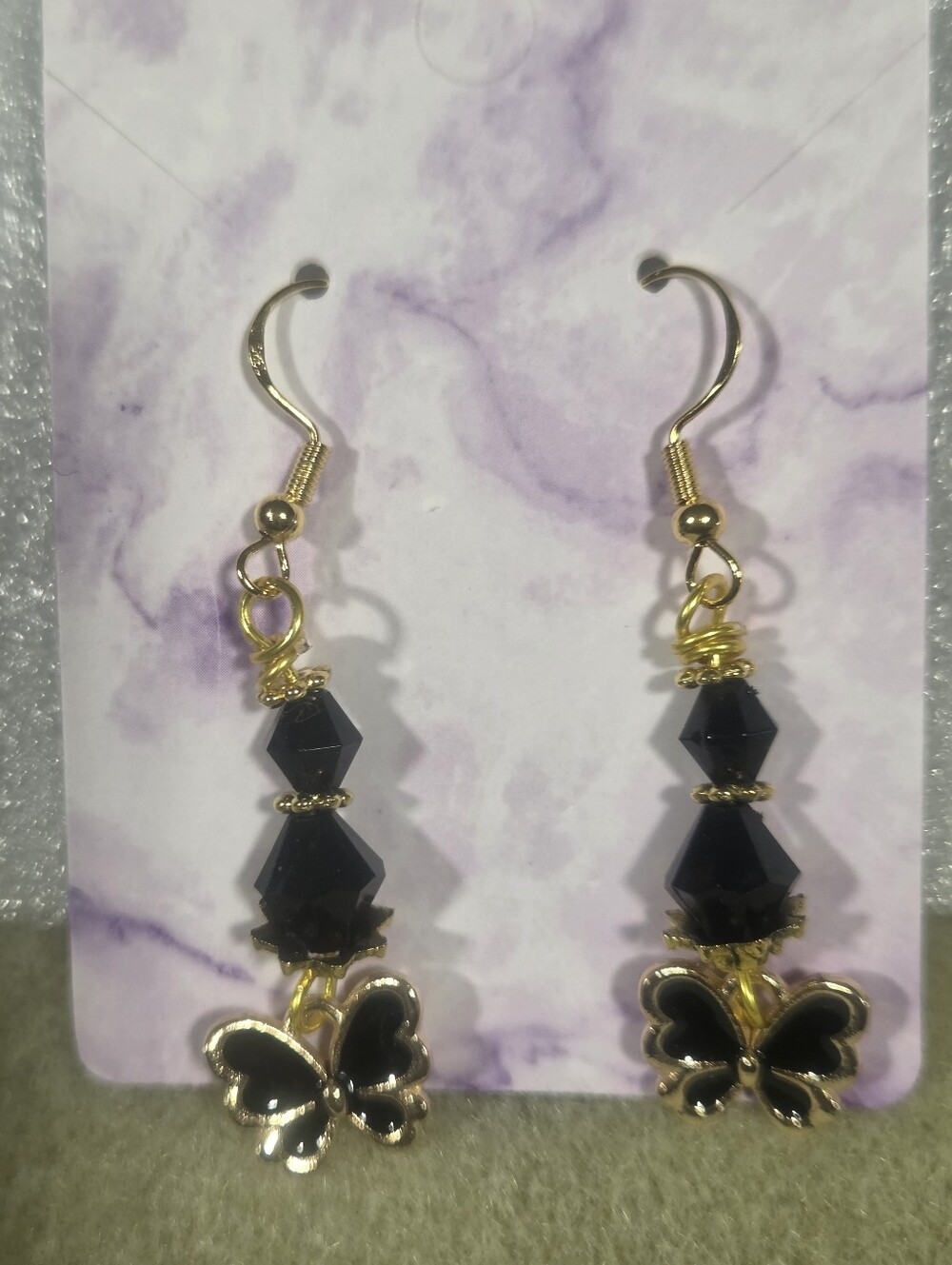 Handcrafred Gold Butterfly Drop Earrings with Black Beads - Women's Jewelry